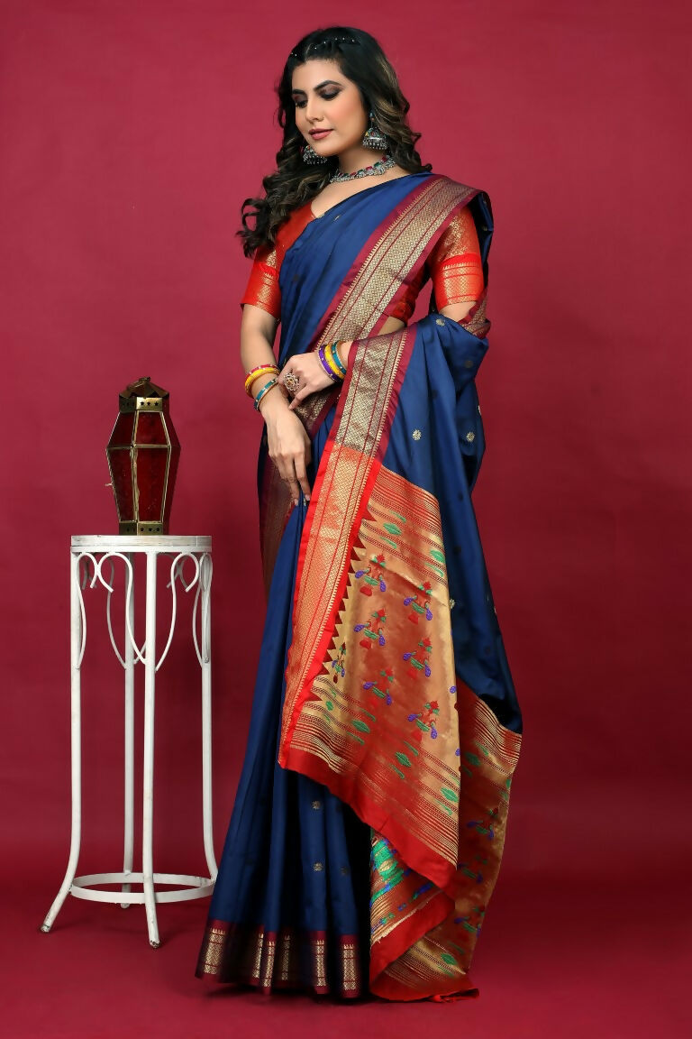 Jyoti Fashion Women's Navy Blue Paithani Silk Zari Woven Saree with Blouse