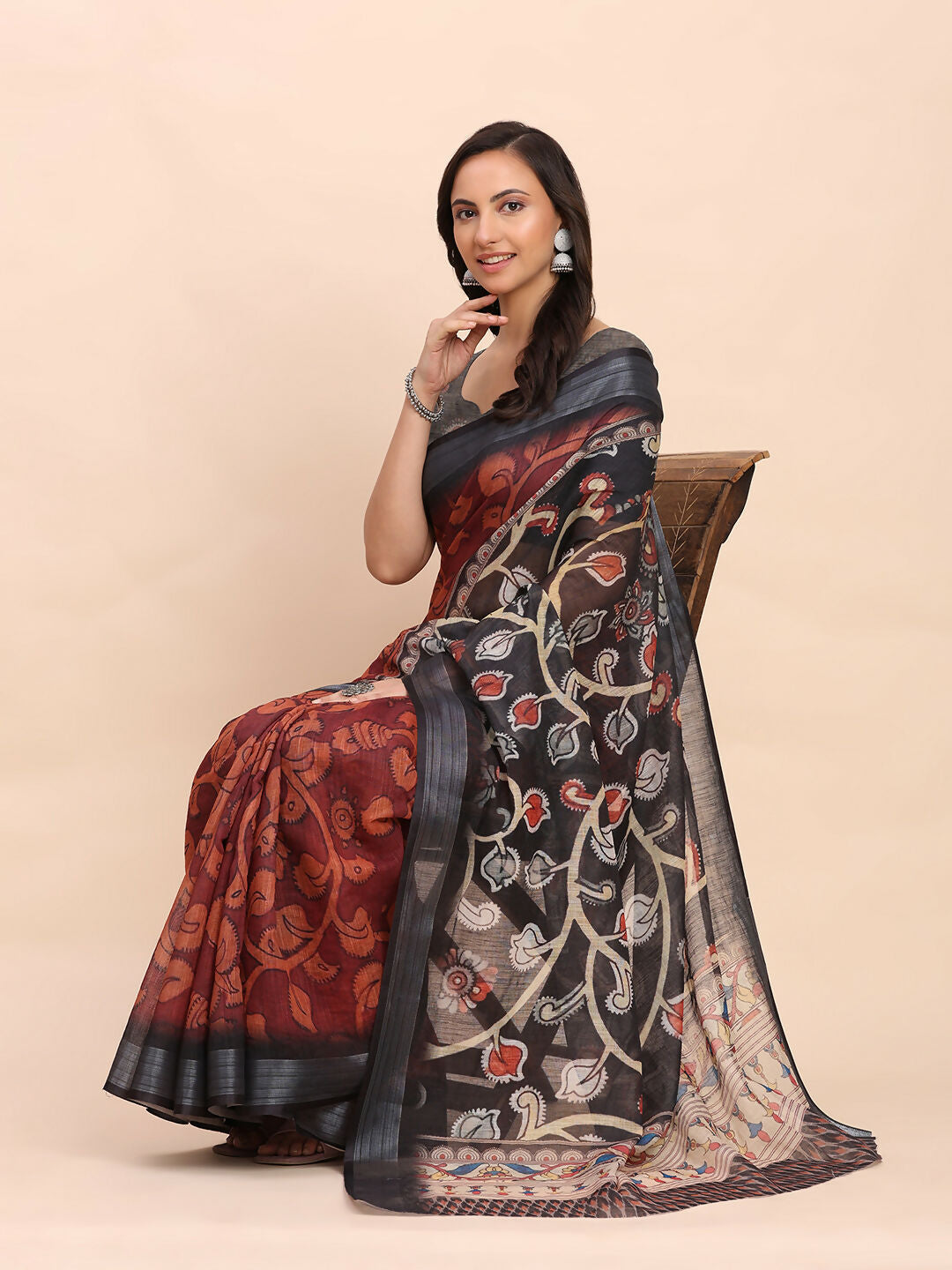 Shree Shyam Fashion Linen Cotton Maroon Saree - Distacart