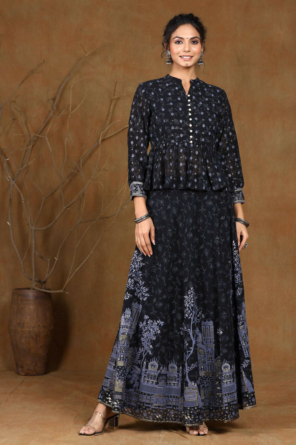 Juniper Women Black Georgette Printed Flared Lehenga Choli Sets - Distacart