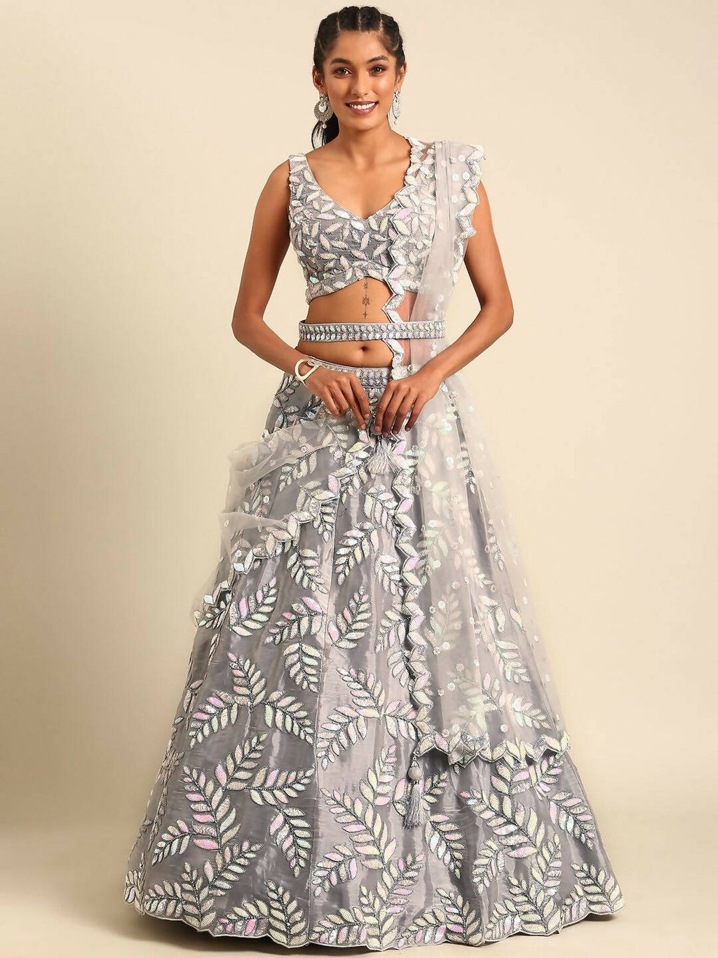 House of Panchhi Grey Organza Sequins & Zarkan embroidery Lehenga choli & Dupatta