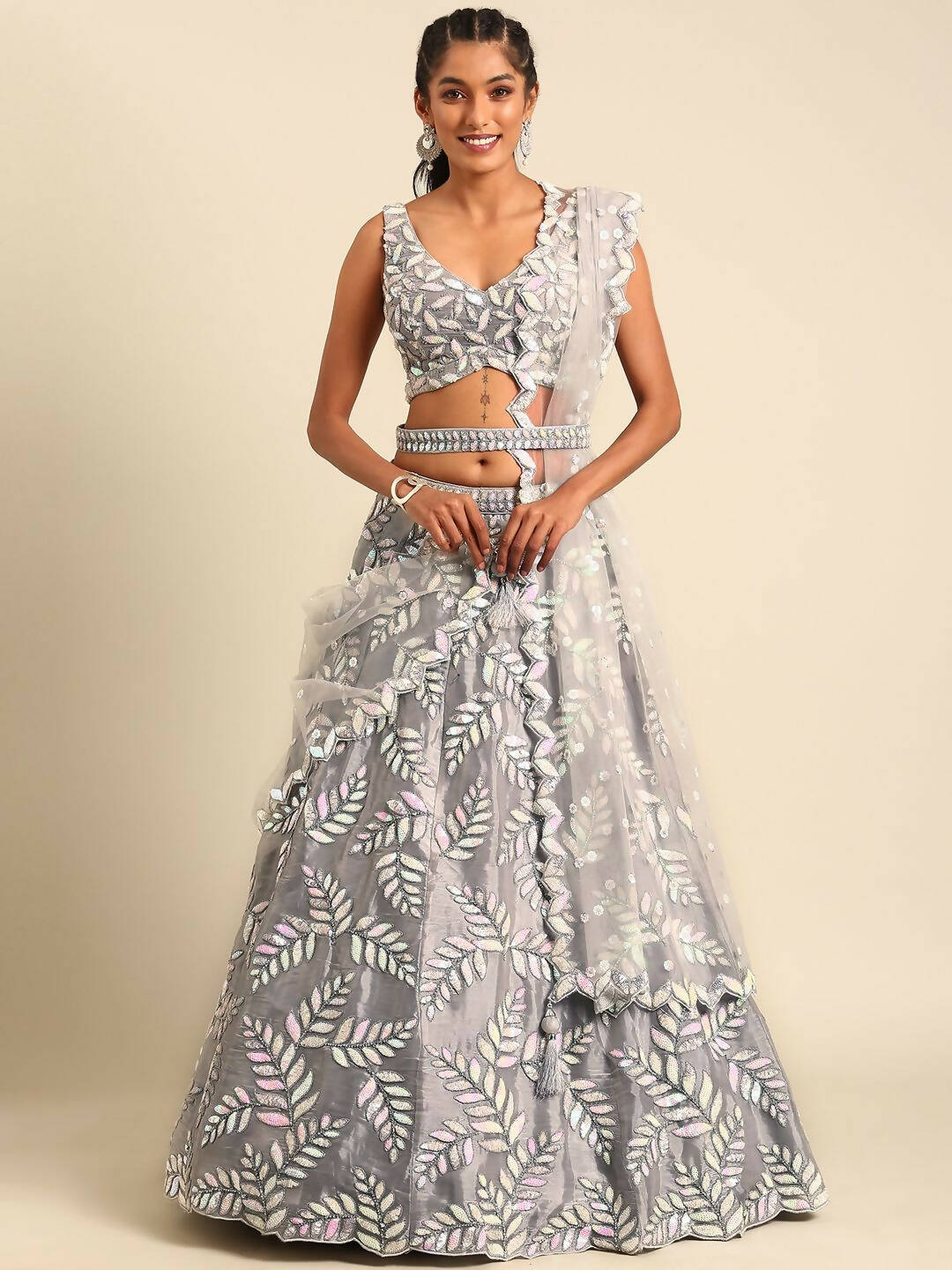 House of Panchhi Grey Organza Sequins & Zarkan embroidery Lehenga choli & Dupatta