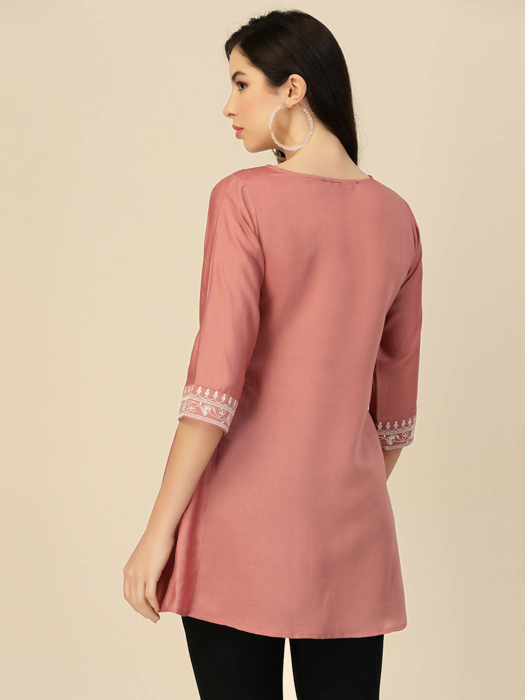 Peach Chinon Slub Floral Embroidered Top - Zeny