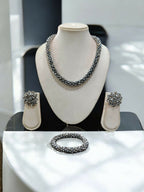 Inhanns Complete Look Crystal Statement 3-Piece Set (Adjustable Necklace + Earrings + Adjustable Bangle ) - Silver