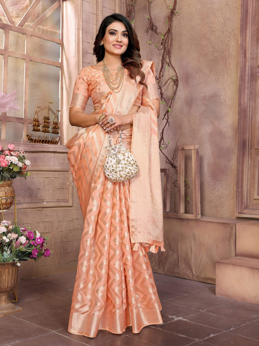 Aastha Fashion Peach Soft Organza Silk Weaving Saree - Distacart