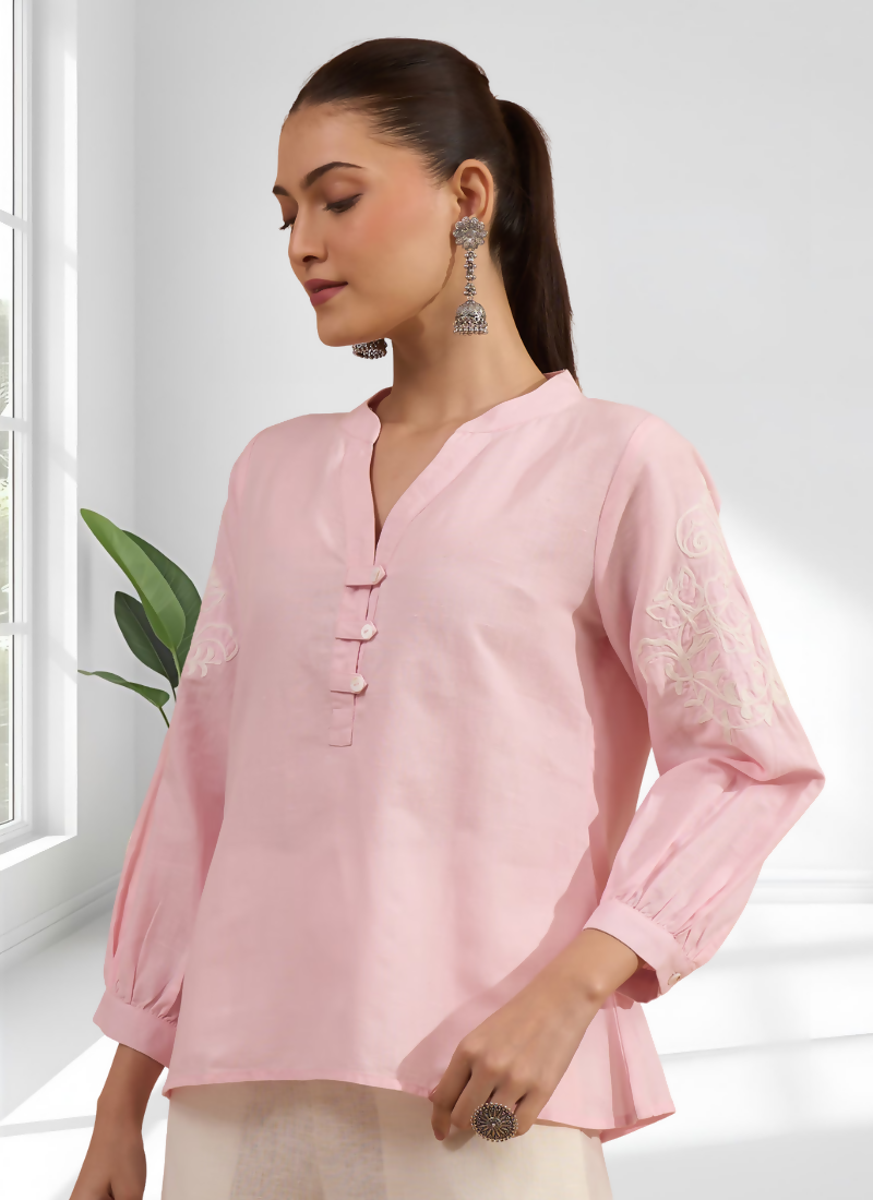 Joban Fashion Pink Cotton, Linen Embroidered Readymade Tunic