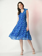 Myshka Women's Blue Fit and Flare Printed Dress - Distacart