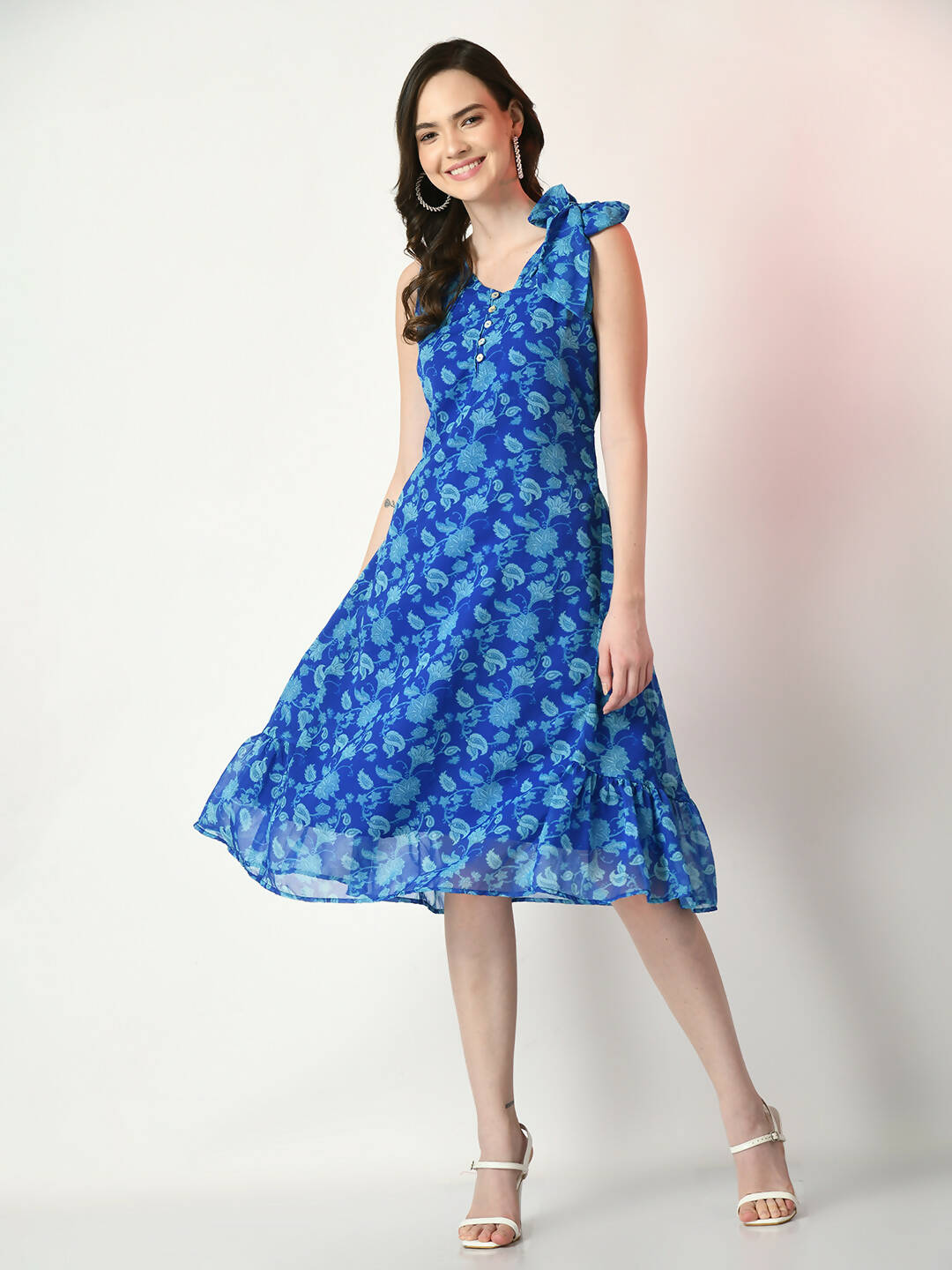 Myshka Women's Blue Fit and Flare Printed Dress - Distacart