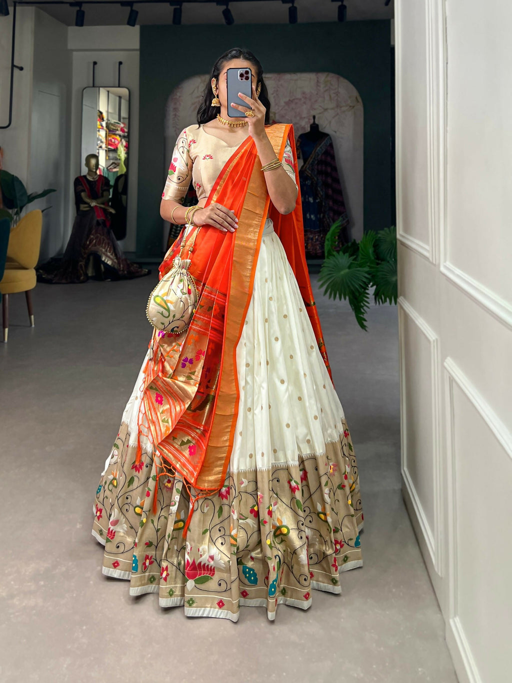 Vastranavya Traditional Jacquard Silk Paithani Lehenga Choli - White