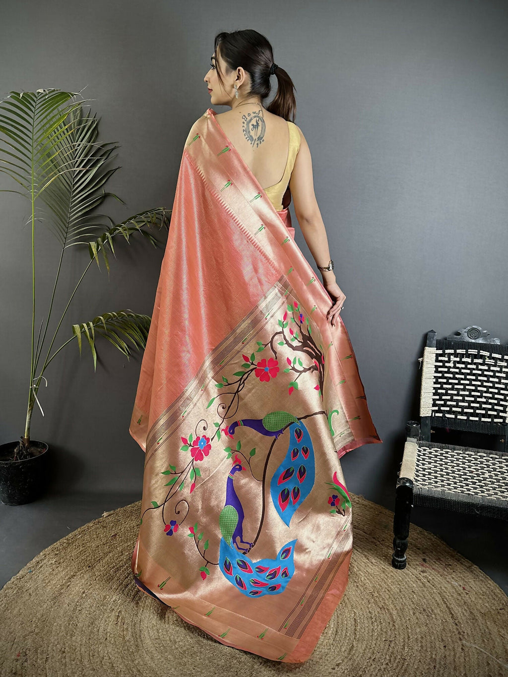 Joban Fashion Light Orange Peacock & Floral Motifs Tissue Paithani Saree