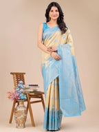 Shree Shyam Fashion Banarasi Silk Cream & Sky Blue Saree - Distacart