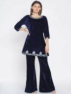 Women Republic Navy Blue Velvet Embroidered Kurta With Bellbottom Pants - Distacart
