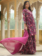 Janasya Purple Georgette Floral Kurta,Bottom & Dupatta