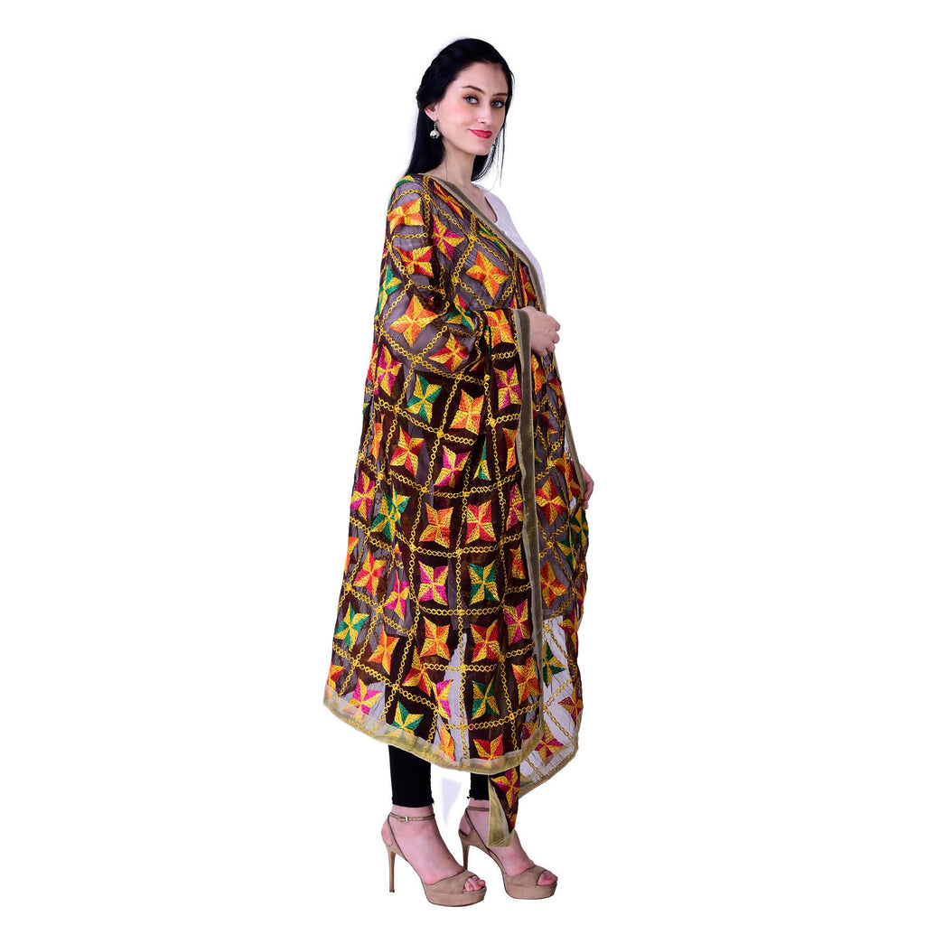 SWI Stylish Embroidered Phulkari Chiffon Coffee Color Dupatta