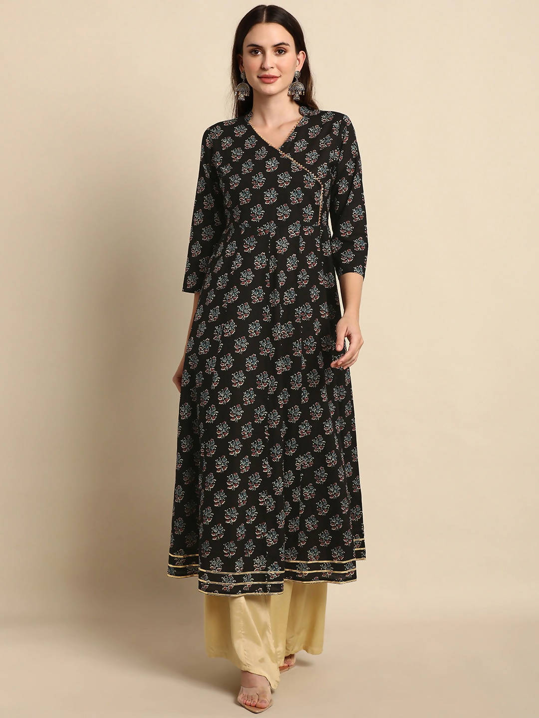 Janasya Black Ethnic Motif Printed Gotta Patti Anarkali Kurta - Distacart