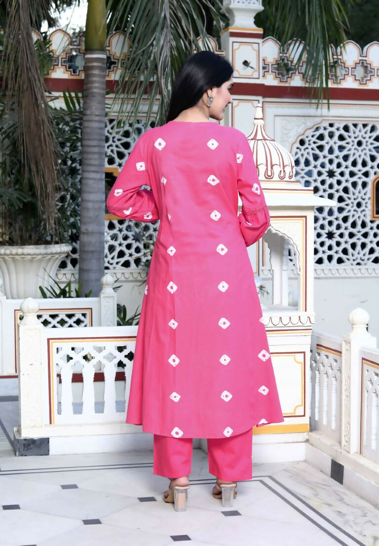 Miravan Women's Jaipuri Moti And Chikan Embroidered & Lace Embellished Pink Bandhani Printed Palazzo Set