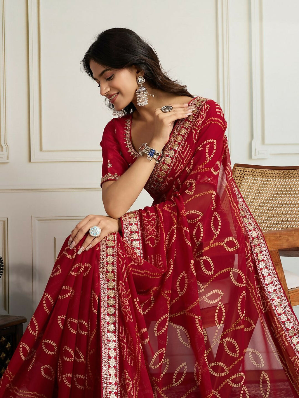 Ai Fashion Red Georgette Rajwadi Bandhani Print Party Wear Saree - Distacart