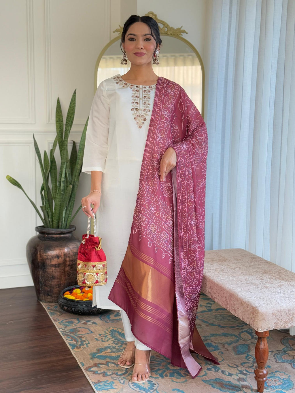 The52 Women's Roman Silk Embroidered Straight Kurta, Pant and Dupatta Set - Distacart
