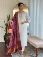 The52 Women's Roman Silk Embroidered Straight Kurta, Pant and Dupatta Set - Distacart