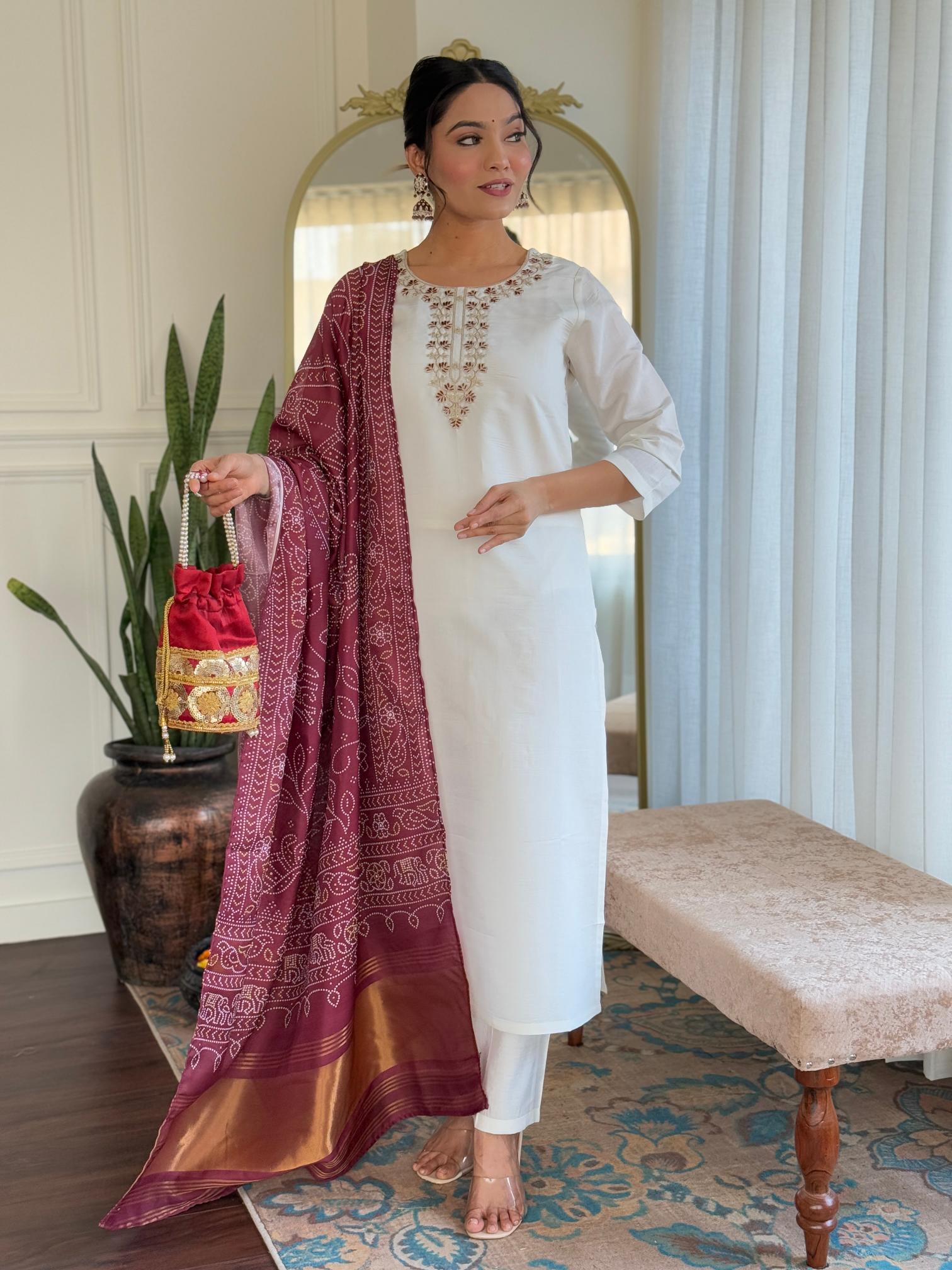 The52 Women's Roman Silk Embroidered Straight Kurta, Pant and Dupatta Set - Distacart