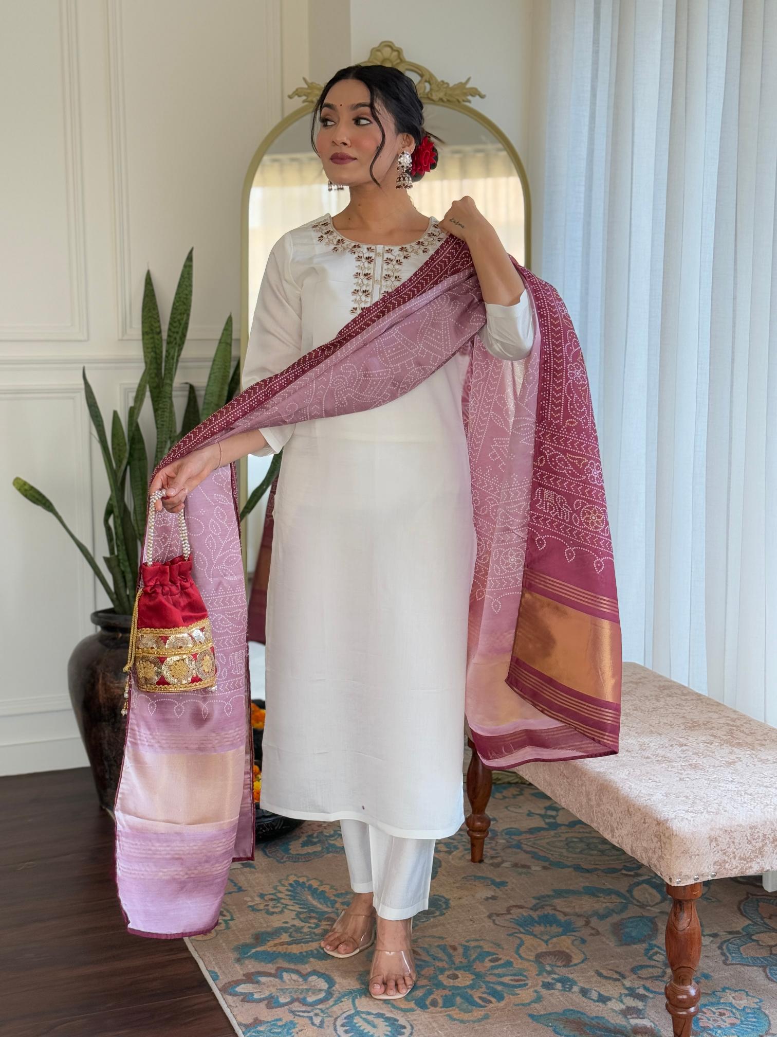 The52 Women's Roman Silk Embroidered Straight Kurta, Pant and Dupatta Set - Distacart