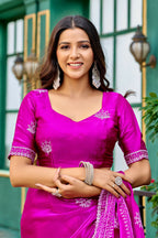 Vastranavya Pink Embroidery Work Shimmer Chiffon Saree with Unstitched Blouse - Distacart