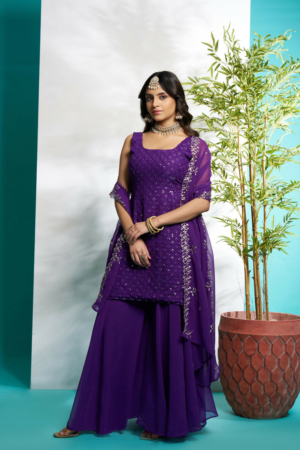 Aayaa Designer Faux Gorgette Embroidery Zari Sequins Thread work Full Flaired plazzo Suit with Dupatta - Purple