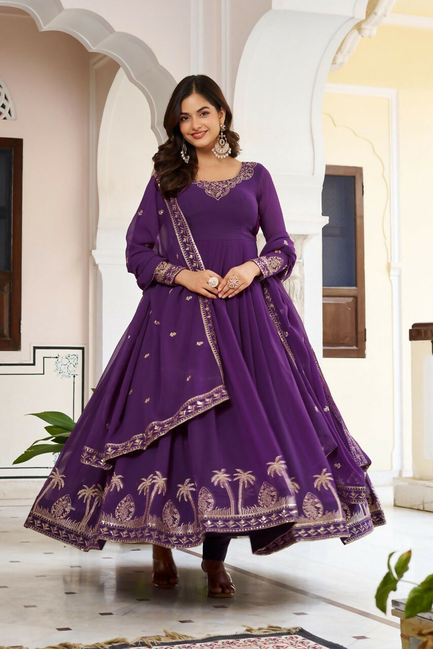 The52 Women's Gorgeous Faux Georgette Fabric Embroidery Work Flared Anarkali Pant and Dupatta Set - Distacart