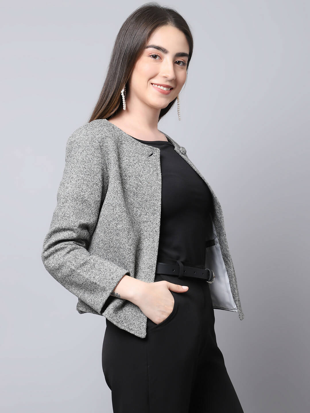 Even Apparels Grey Pure Wool Open Front Statement Women's Jacket - Distacart