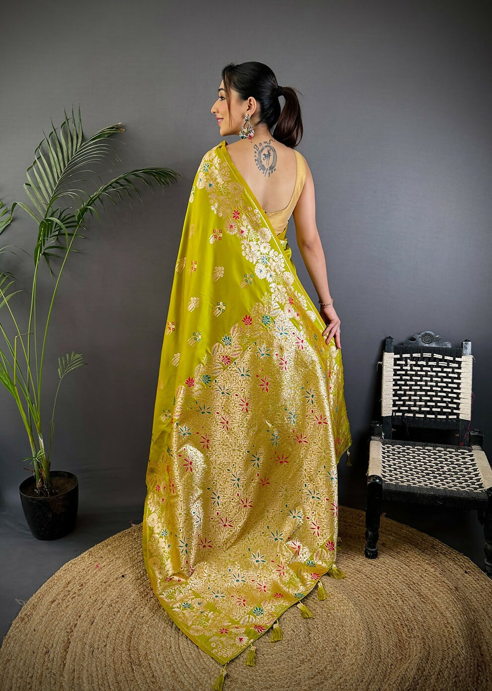 Joban Fashion Meenakari Lime Green Woven Soft Silk Saree - Distacart