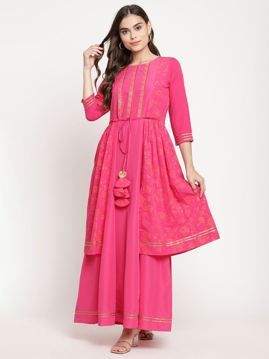 Ahalyaa Dark Pink Crepe Khari Print Dress For Women