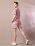 Myshka Women's Pink Solid Shirt Collar Party Shirt With Shorts Co-ord set