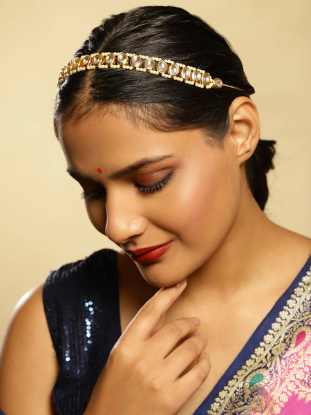 Gold-Polished White Kundan-Studded Pearl Beaded Hair Band - Ruby Raang