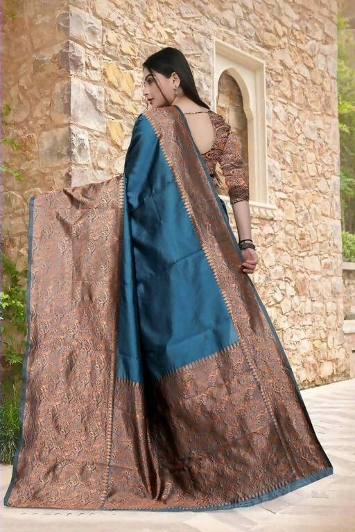DEIANA'S Beautiful Designer Golden zari Soft Lichi Silk Saree - Teal