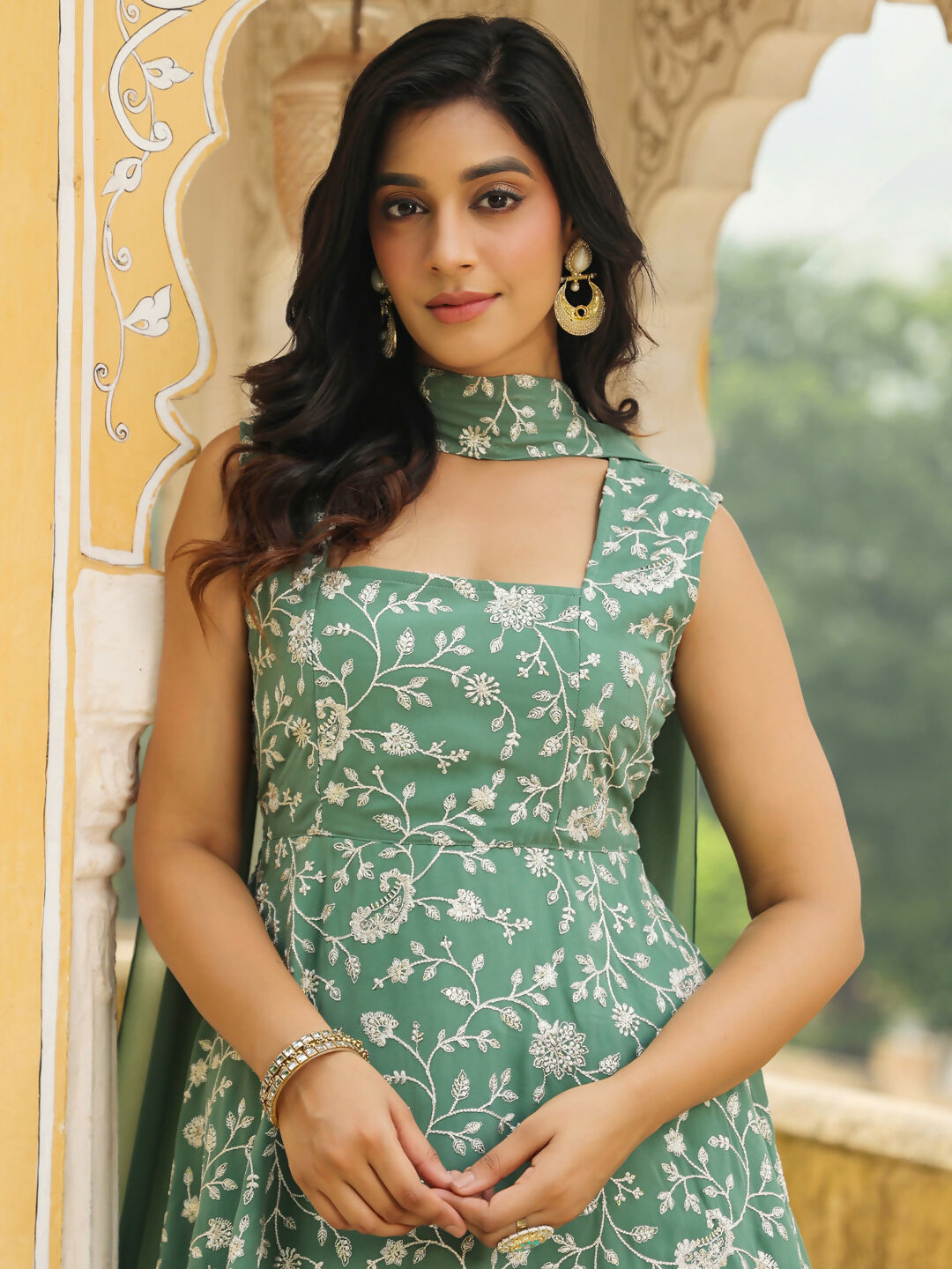 Janasya Sage Green Georgette Embroidered Kurta,Bottom & Dupatta