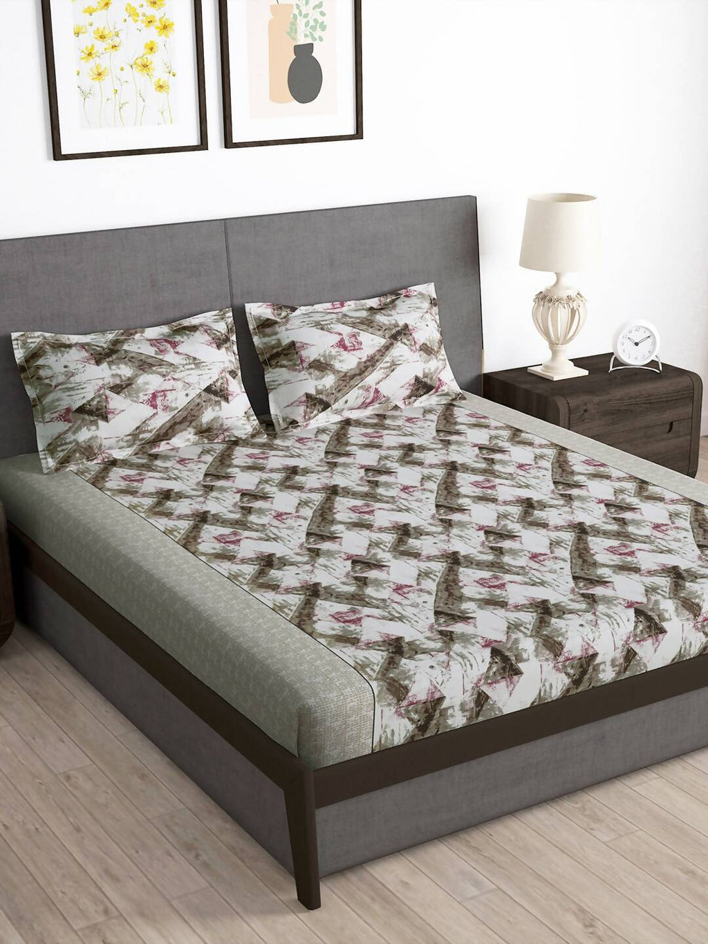 Story@home Brown & Pink Abstract Microfiber 180 TC Bedsheet With Pillow Cover