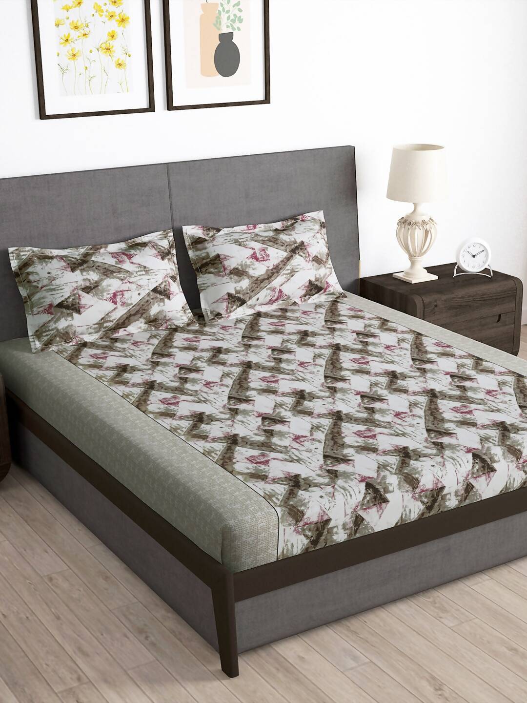 Story@home Brown & Pink Abstract Microfiber 180 TC Bedsheet With Pillow Cover
