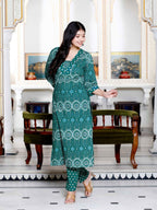 Miravan Women's Cotton Green Floral Printed Straight Pakistani Style Kurta And Palazzo Set