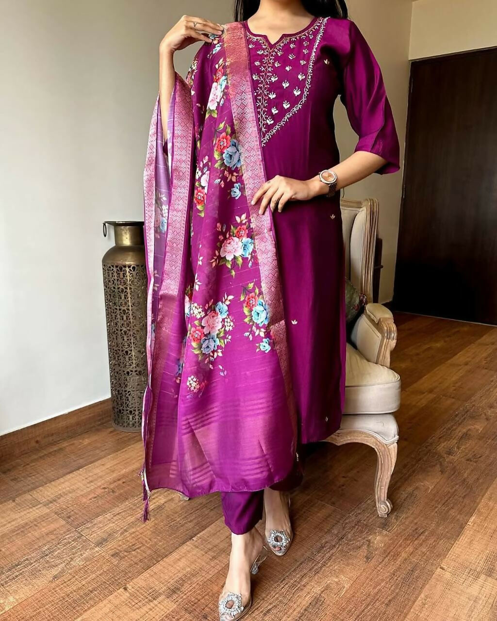 The52 Wine Women's Gorgeous Embroidered Rayon Fabric Straight Kurta Pant with Dupatta Set - Distacart