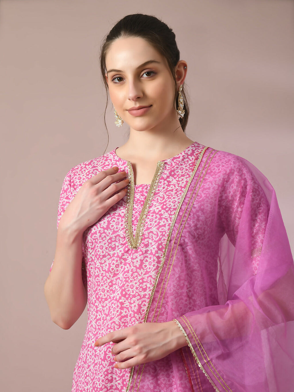 Myshka Women's Pink Printed Cotton Straight Party Kurta Set With Dupatta