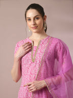 Myshka Women's Pink Printed Cotton Straight Party Kurta Set With Dupatta