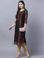 Myshka Women Black Red Floral Printed Chanderi Silk Kurta - Distacart