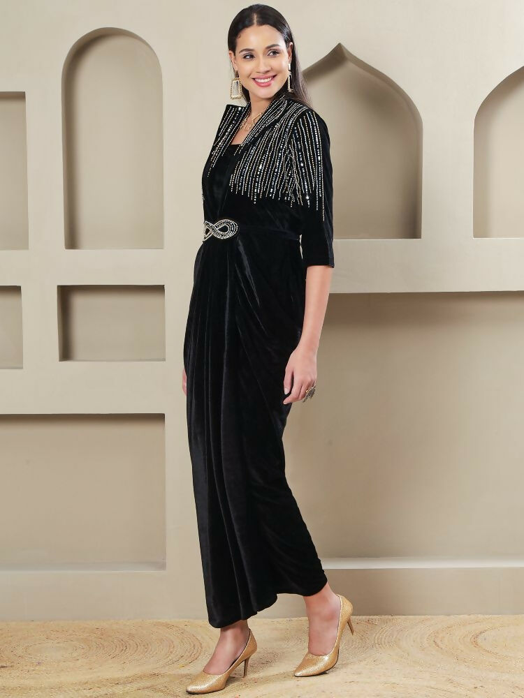 Joban Fashion Women Black Velvet Hand Embellishment Stitched Dress - Distacart