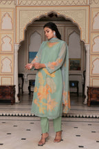 Vaasva Women Teal Green Tabby Slik Print & Embroidered Kurta, Pant & Dupatta set