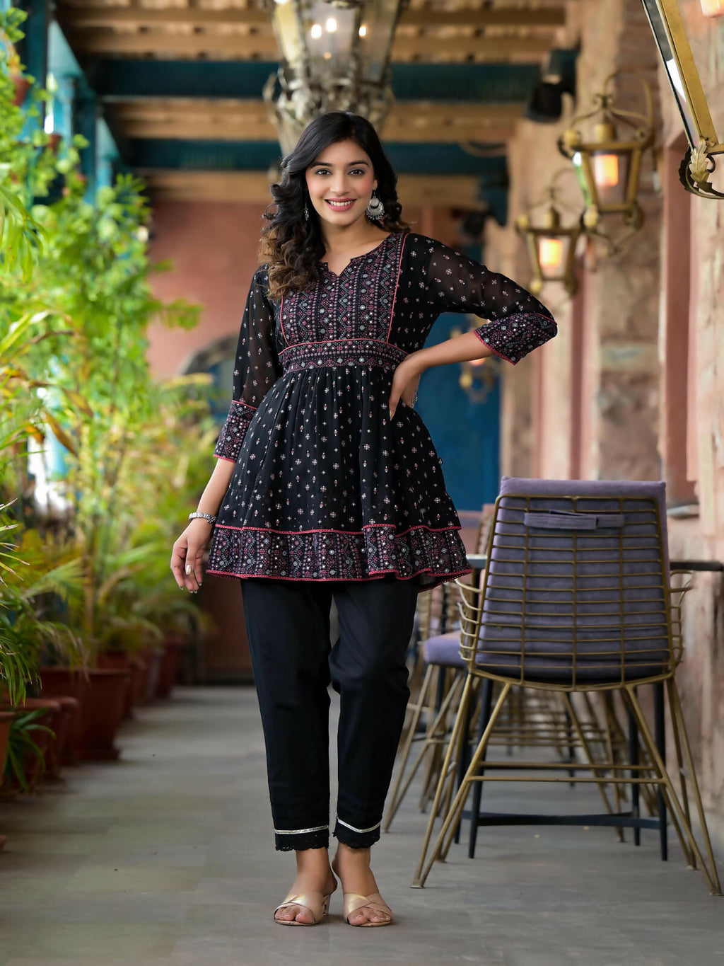 Juniper Women's Black Ethnic Motif Printed Georgette A Lined Tunic