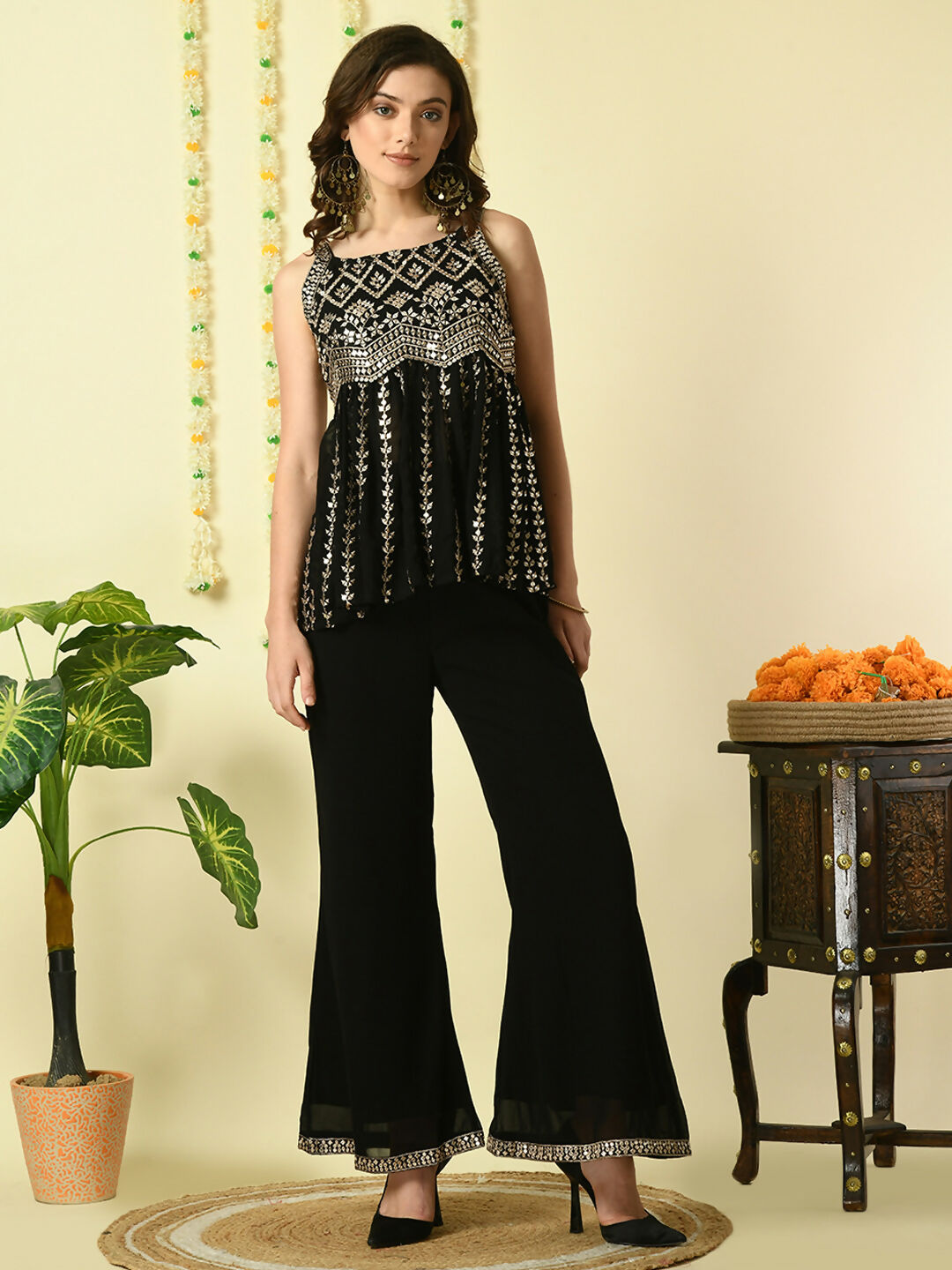 Myshka Women's Black Georgette Top With Palazzos Party Sets