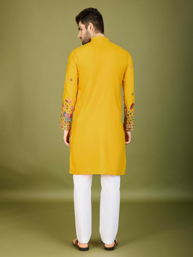 Vastranavya Yellow Exclusive Festival Wear Cotton Sequence Embroidered & Thread Work Kurta