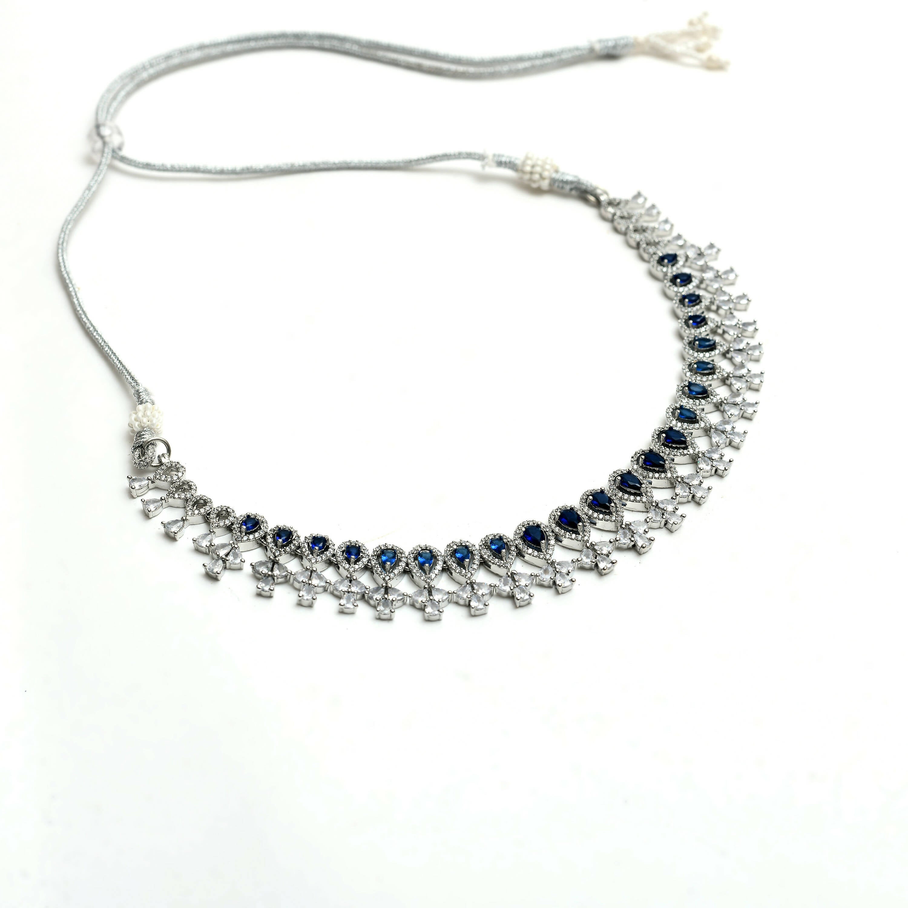 Mominos Fashion Johar Kamal Silver-Plated American Diamond Silver Blue Choker Set - Distacart