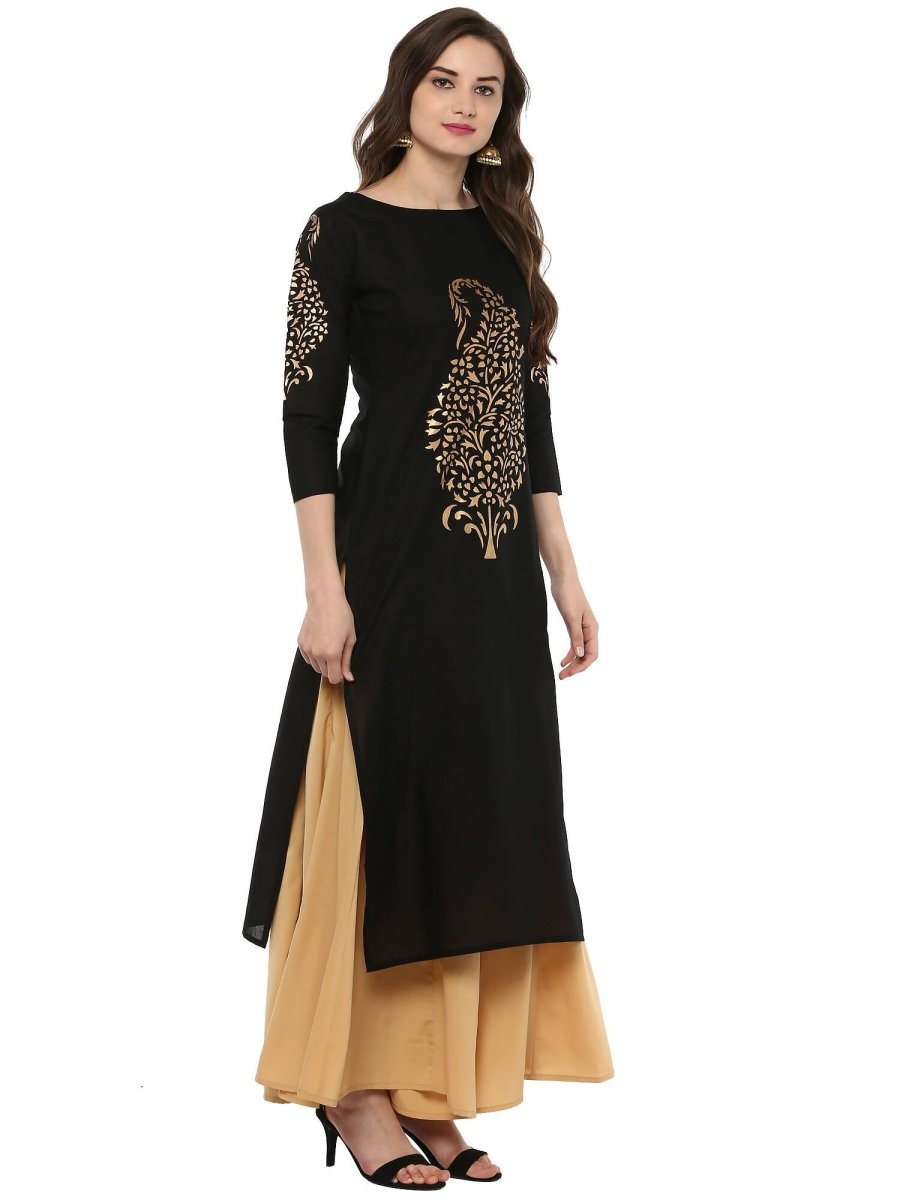 Ahalyaa Black Chanderi Gold Print Kurta - Distacart