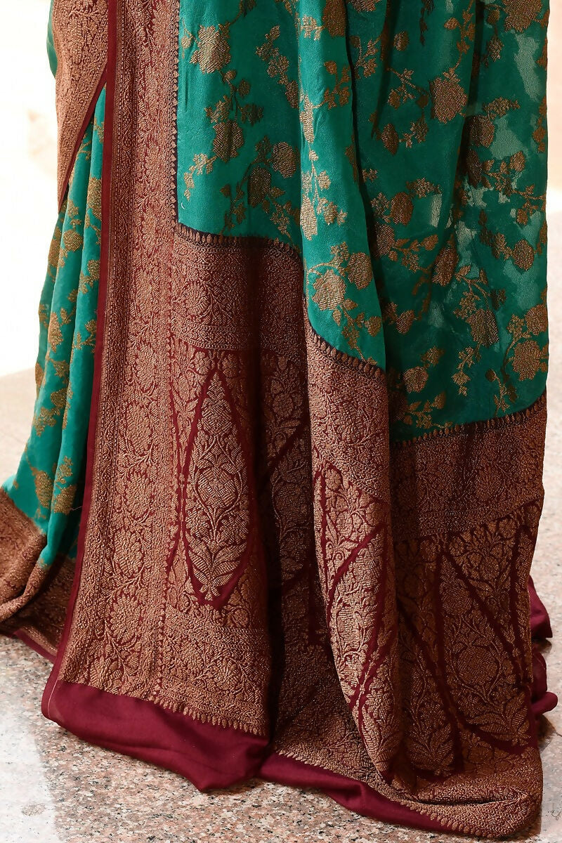 Joban Fashion Teal Green Crepe Chiffon Pure Handloom Banarasi Silk Saree