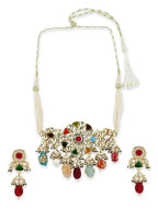 Maharani Multi Kundan Choker with Earrings- Ruby Raang